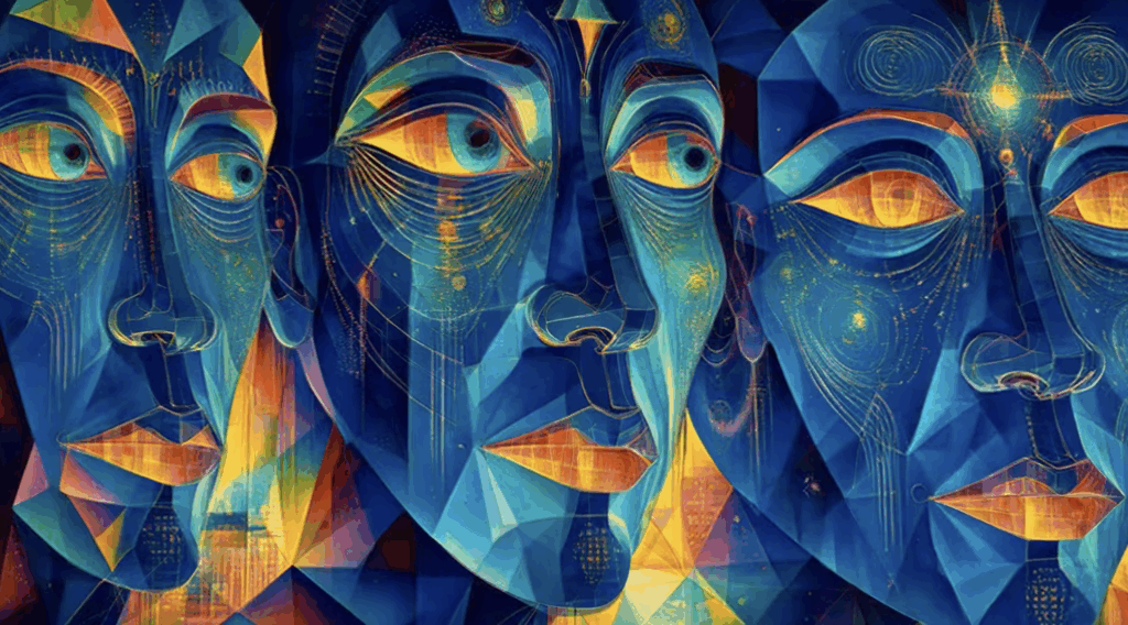 Giant stone faces dissolving into geometric patterns in a psychedelic temple.